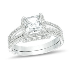 6.0mm Princess-Cut Lab-Created White Sapphire and 1/4 CT. T.W. Diamond Frame Split Shank Bridal Set in 10K White Gold