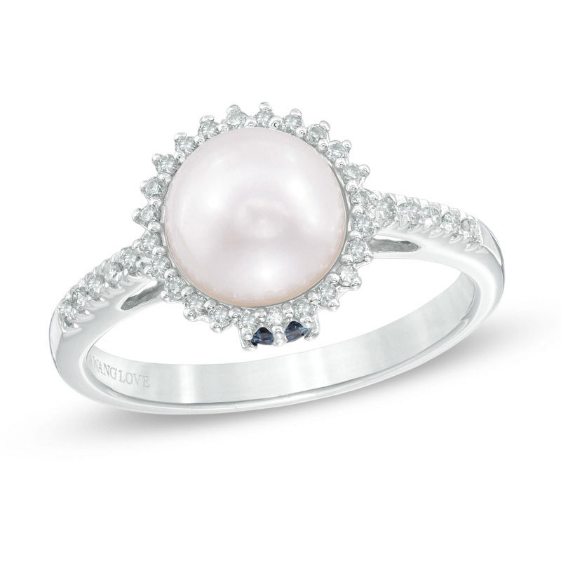 Main Image 1 of Vera Wang Love Collection Akoya Cultured Pearl and 1/8 CT. T.W. Diamond Frame Ring in 14K White Gold-Size 7