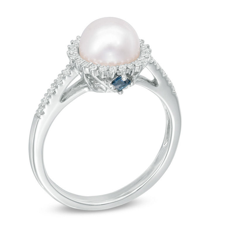 Main Image 2 of Vera Wang Love Collection Akoya Cultured Pearl and 1/8 CT. T.W. Diamond Frame Ring in 14K White Gold-Size 7