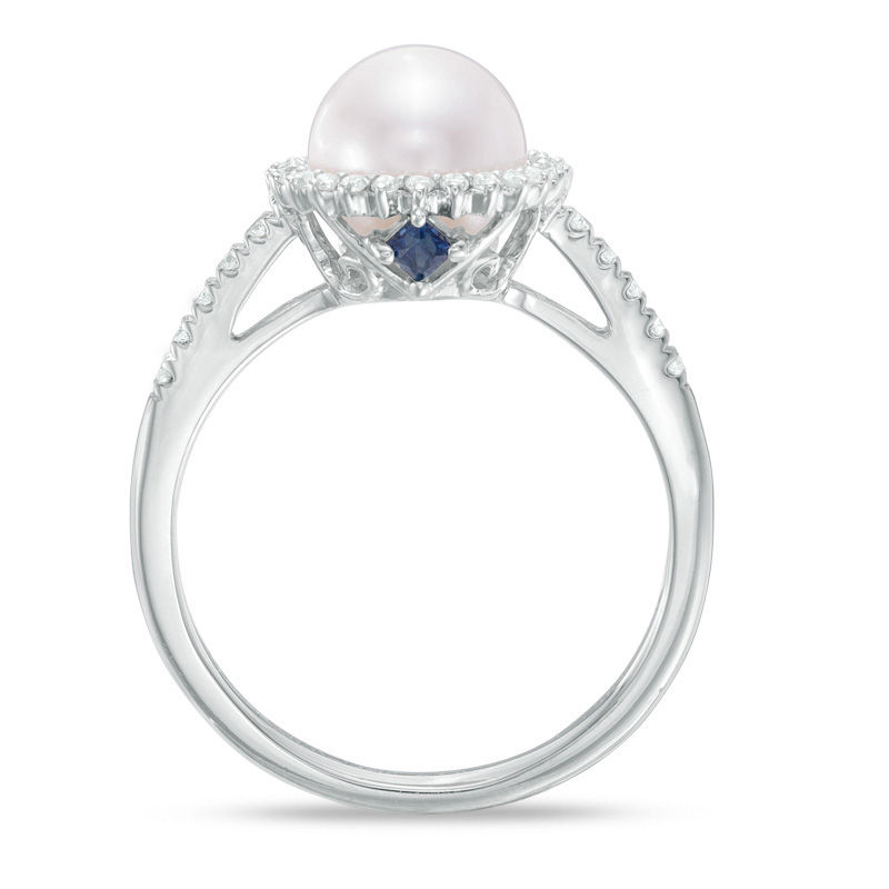 Main Image 3 of Vera Wang Love Collection Akoya Cultured Pearl and 1/8 CT. T.W. Diamond Frame Ring in 14K White Gold-Size 7