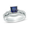 Thumbnail Image 1 of 6.0mm Princess-Cut Lab-Created Blue Sapphire and 1/8 CT. T.W. Diamond Twist Shank Bridal Set in Sterling Silver