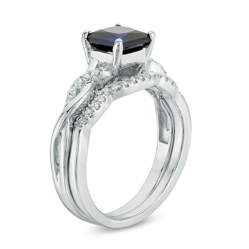 Main Image 2 of 6.0mm Princess-Cut Lab-Created Blue Sapphire and 1/8 CT. T.W. Diamond Twist Shank Bridal Set in Sterling Silver