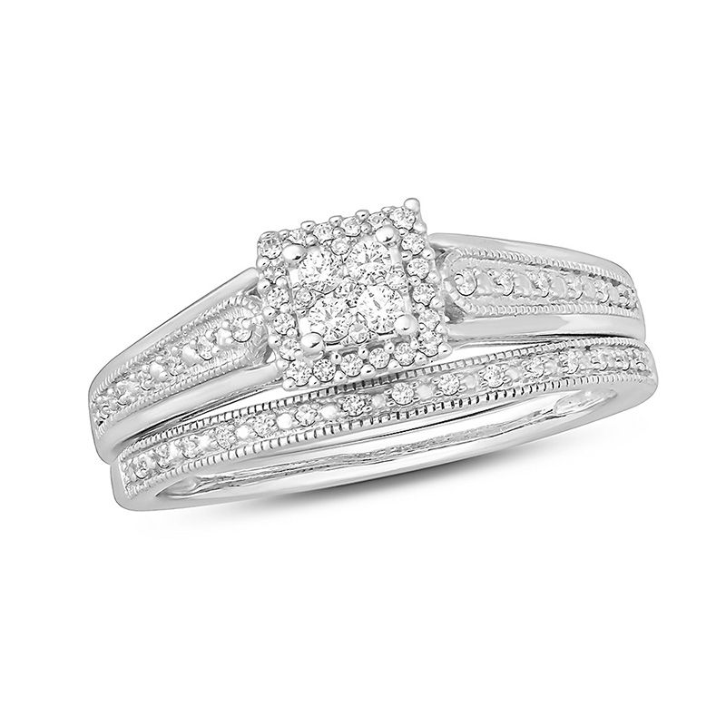 Main Image 1 of 1/4 CT. T.W. Vintage-Style Diamond Frame Bridal Set in Sterling Silver