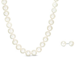 6.0-7.0mm Button Freshwater Cultured Pearl Strand Necklace and Earrings Set with a Sterling Silver Clasp