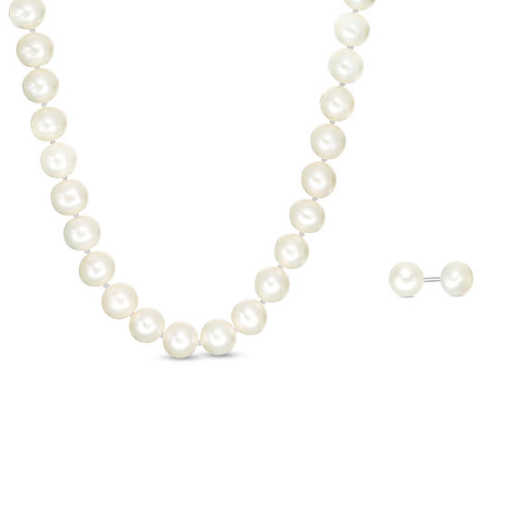 Zales Outlet 6.0 - 7.0mm Button Cultured Freshwater Pearl Strand Necklace and Earrings Set with A Sterling Silver Clasp