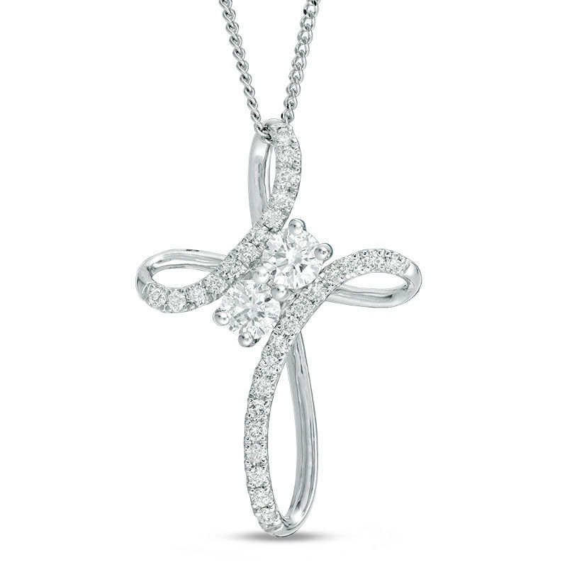 Ever Us® 1/2 CT. T.W. Diamond Two-Stone Bypass Cross Pendant in 14K White Gold - 19"