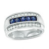 Thumbnail Image 1 of Men's Blue Sapphire and 1/4 CT. T.W. Diamond Multi-Row Ring in 10K White Gold