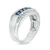 Thumbnail Image 2 of Men's Blue Sapphire and 1/4 CT. T.W. Diamond Multi-Row Ring in 10K White Gold