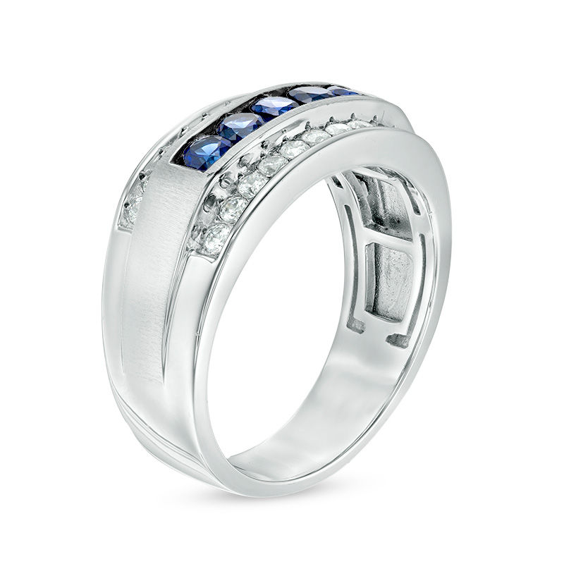 Men's Blue Sapphire and 1/4 CT. T.W. Diamond Multi-Row Ring in 10K White Gold