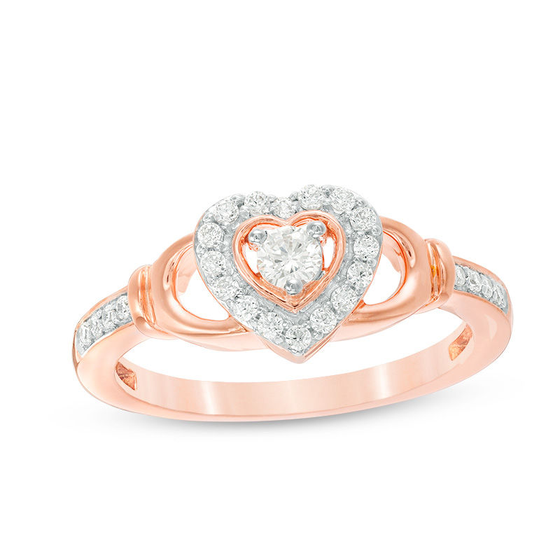 Main Image 1 of 1/4 CT. T.W. Diamond Heart Frame Claddagh-Style Promise Ring in 10K Rose Gold