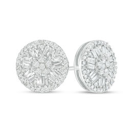 1/2 CT. T.W. Baguette and Round Multi-Diamond Frame Stud Earrings in 10K White Gold