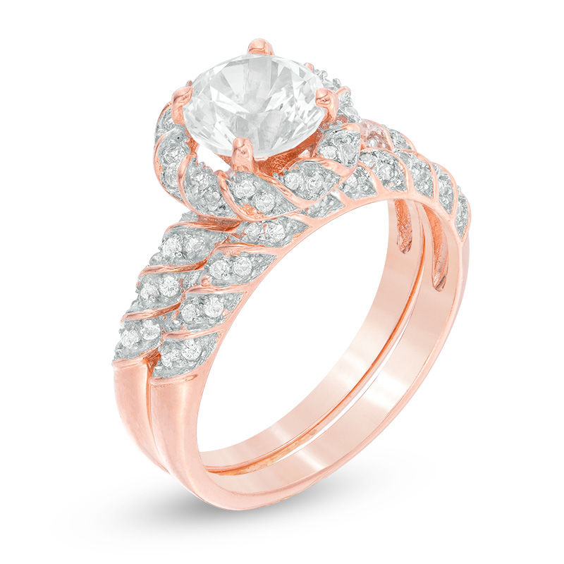 Main Image 2 of 7.0mm Lab-Created White Sapphire Frame Twist Bridal Set in Sterling Silver with 14K Rose Gold Plate