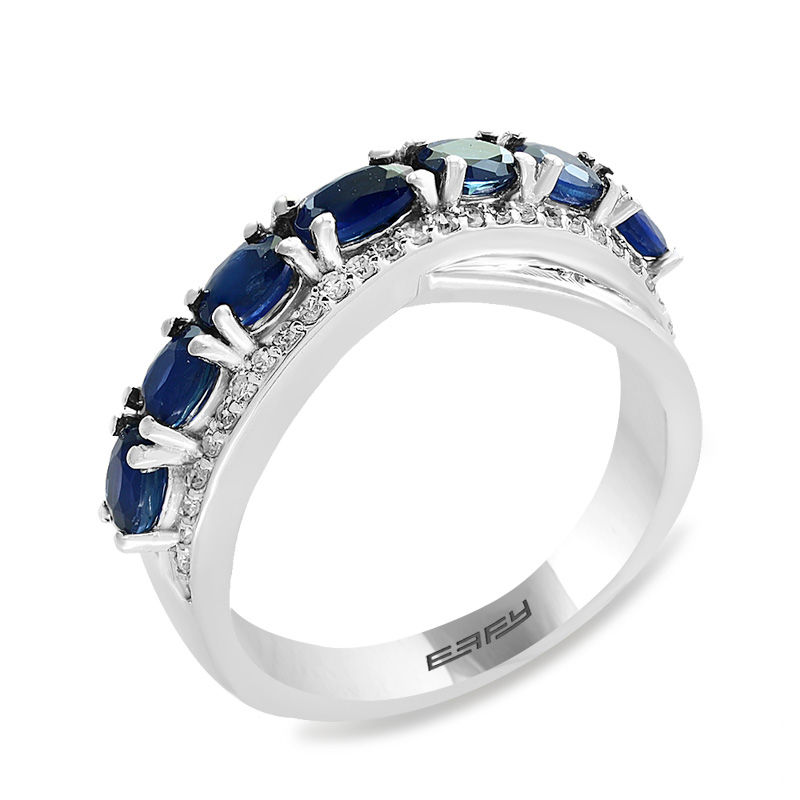 Main Image 2 of EFFY™ Collection Oval Blue Sapphire and 1/8 CT. T.W. Diamond Seven Stone Ring in 14K White Gold