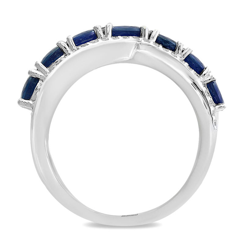 Main Image 3 of EFFY™ Collection Oval Blue Sapphire and 1/8 CT. T.W. Diamond Seven Stone Ring in 14K White Gold