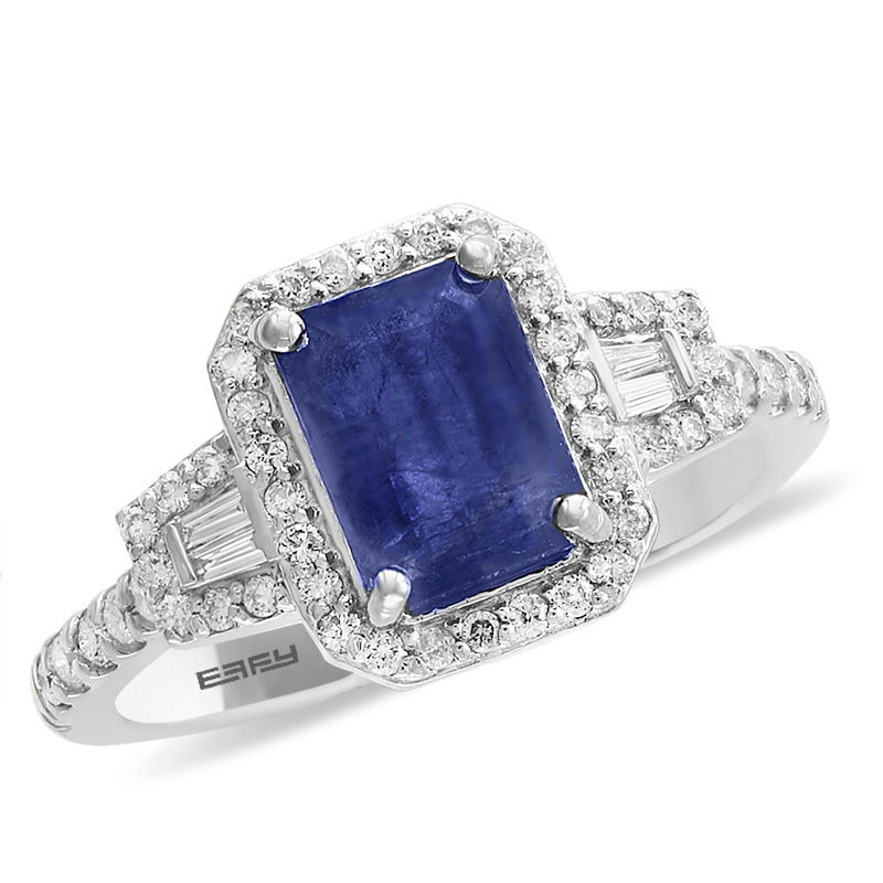 Main Image 1 of EFFY™ Collection Emerald-Cut Blue Sapphire and 1/3 CT. T.W. Diamond Frame Ring in 14K White Gold