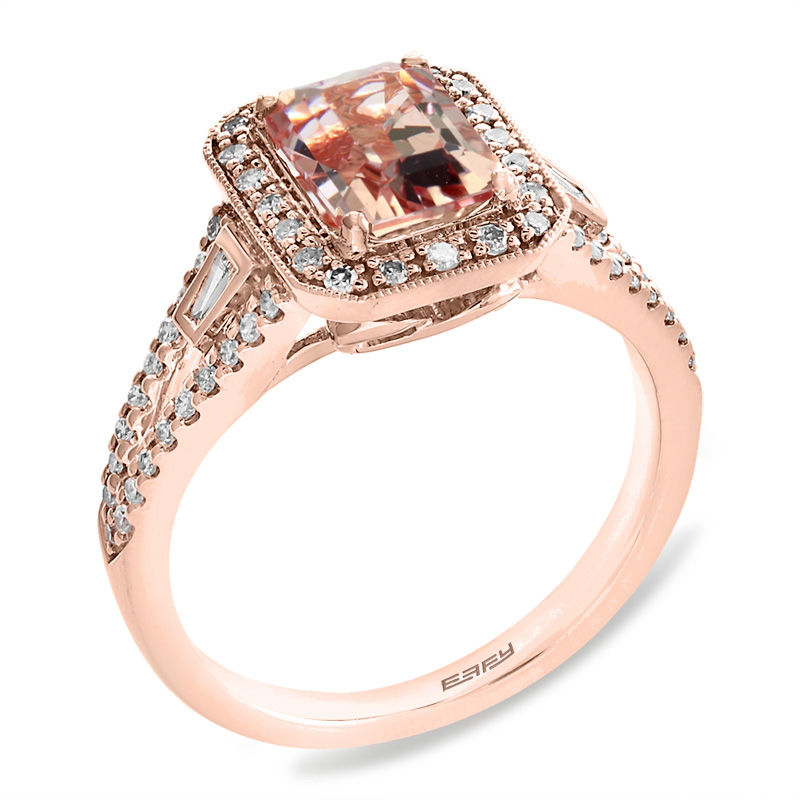 Main Image 2 of EFFY™ Collection Emerald-Cut Morganite and 1/3 CT. T.W. Diamond Frame Split Shank Ring in 14K Rose Gold