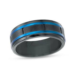 Men's 8.0mm Blue IP Center Stripe Wedding Band in Black IP Stainless outlets Steel