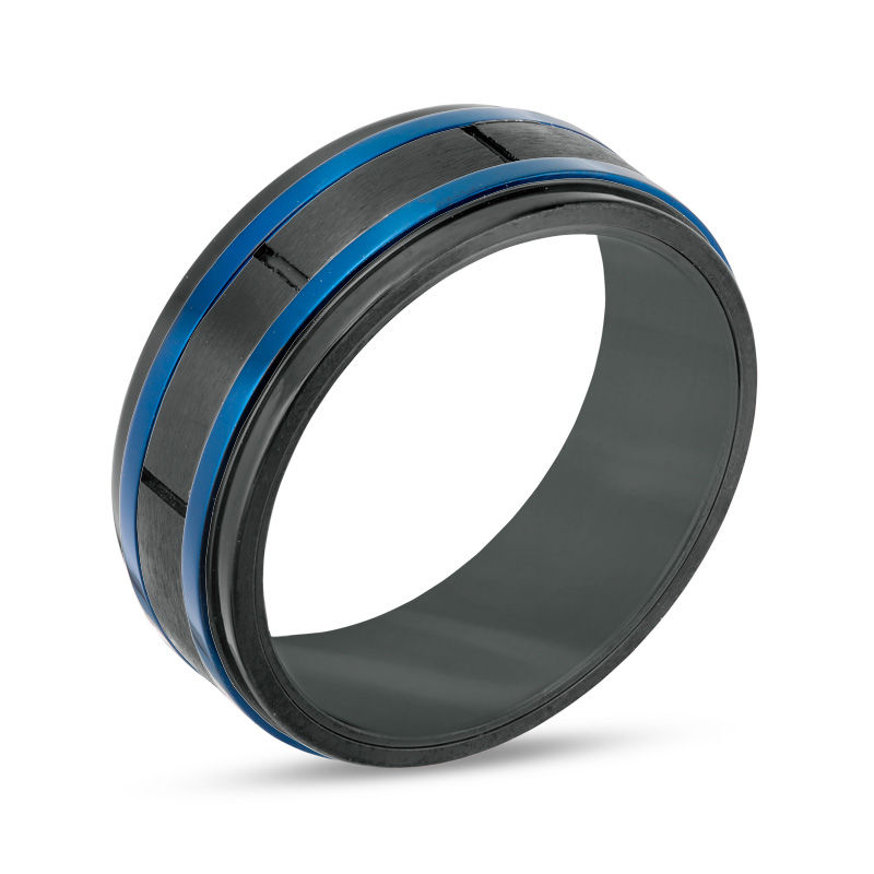 Main Image 2 of Men's 8.0mm Brick Pattern Wedding Band in Blue and Black IP Stainless Steel