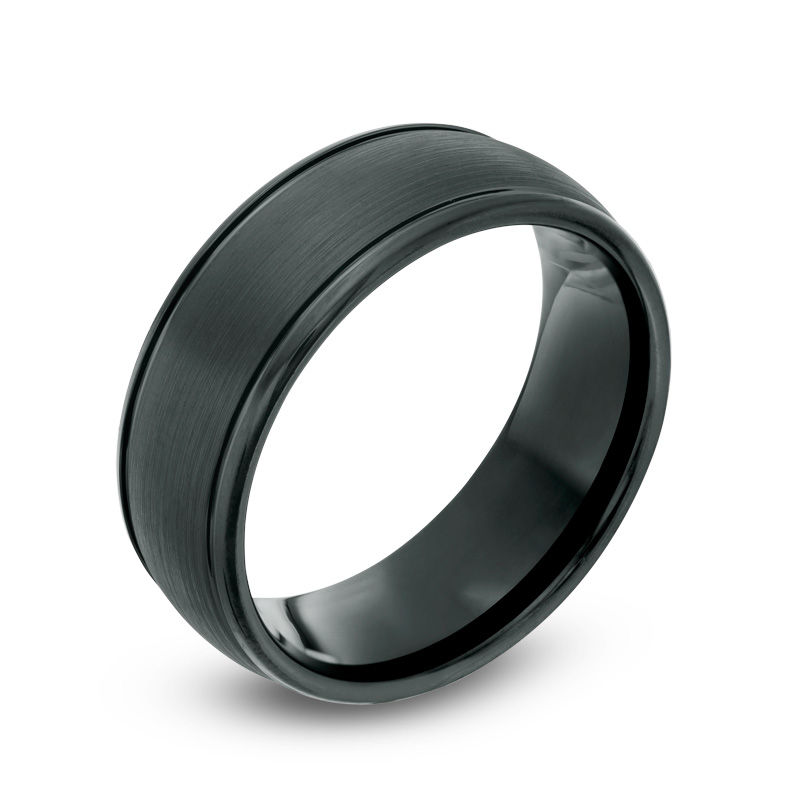 Main Image 2 of Men's 8.0mm Satin Center Wedding Band in Black IP Cobalt