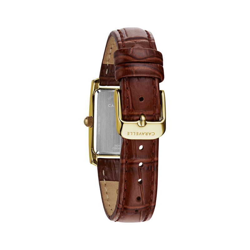 Ladies' Caravelle by Bulova Gold-Tone Strap Watch with Rectangular Silver-Tone Dial (Model: 44L234)