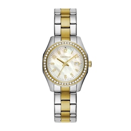 Ladies' Caravelle by Bulova Petite Collection Crystal Accent Two-Tone Watch with Mother-of-Pearl Dial (Model: 45M113)