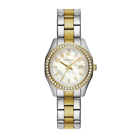 Ladies' Caravelle By Bulova Petite Collection Crystal Accent Two-Tone Watch With Mother-of-Pearl Dial (Model: 45M113)