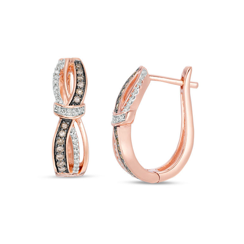 Main Image 1 of 1/5 CT. T.W. Champagne and White Diamond Knot Wave Hoop Earrings in 10K Rose Gold