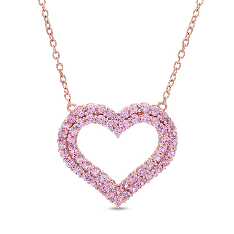 Lab-Created Pink Sapphire Double Row Heart Necklace in Sterling