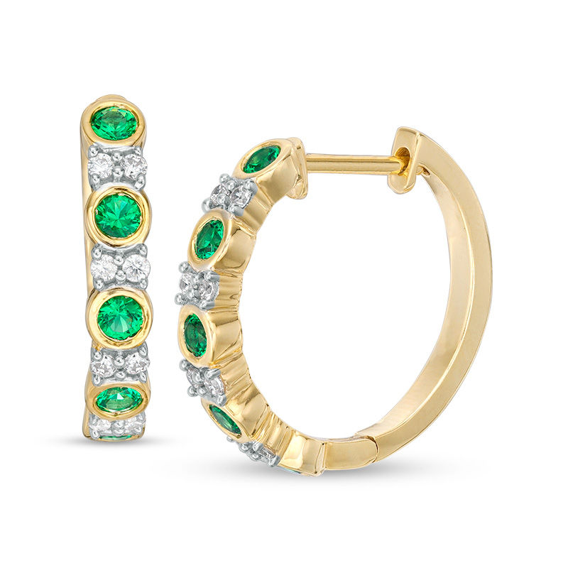 Lab-Created Emerald and White Sapphire Alternating Hoop Earrings in Sterling Silver with 14K Gold Plate