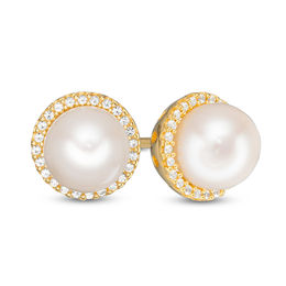 Freshwater Cultured Pearl and Lab-Created White Sapphire Frame Stud Earrings in Sterling Silver with 14K Gold Plate