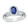 Thumbnail Image 1 of Oval Lab-Created Blue and White Sapphire Frame Vintage-Style Bridal Set in 10K White Gold