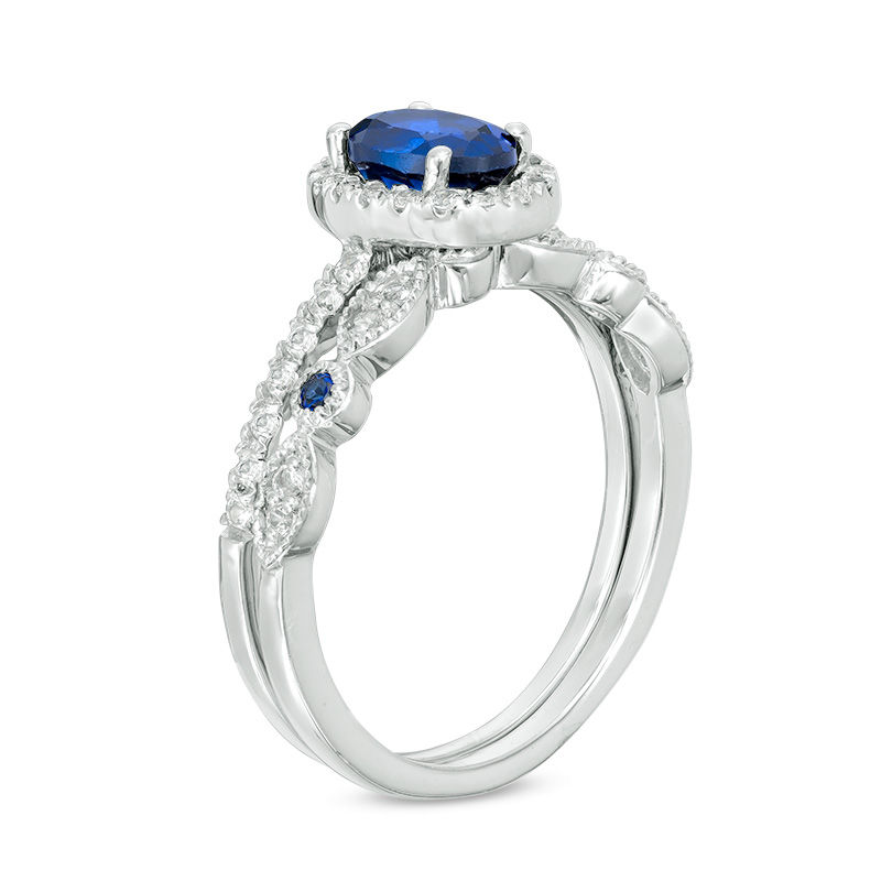 Main Image 2 of Oval Lab-Created Blue and White Sapphire Frame Vintage-Style Bridal Set in 10K White Gold