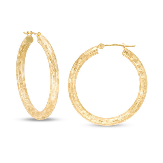 3.0 x 30.0mm Diamond-Cut Basket Weave Hoop Earrings in 14K Gold | Zales ...