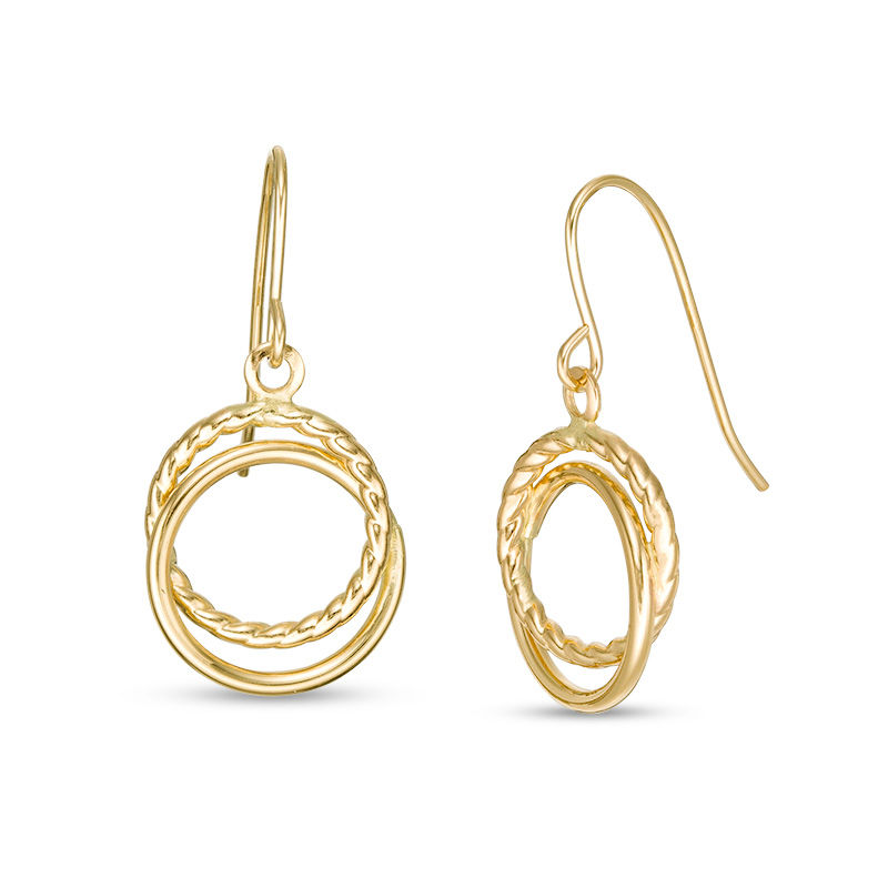 Main Image 1 of Multi-Finish Double Circle Drop Earrings in 14K Gold