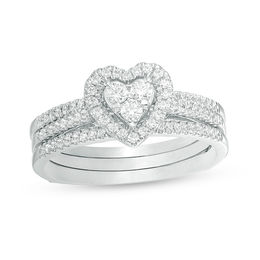 1/2 CT. T.W. Diamond Heart Frame Three Piece Bridal Set in 10K White Gold