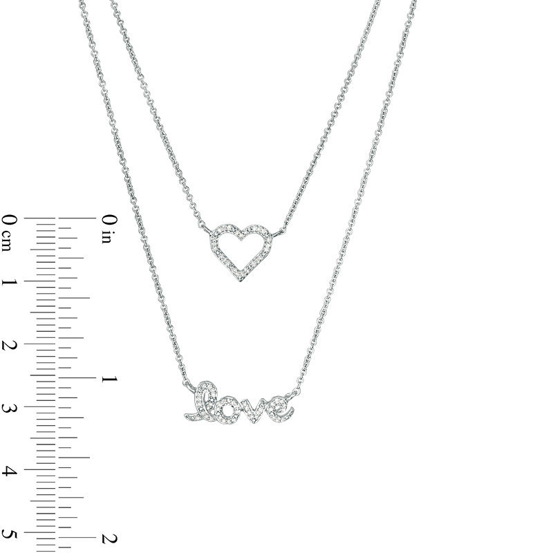 1/10 CT. T.W. Diamond Double Strand "Love" with Heart Necklace in Sterling Silver - 23.5"