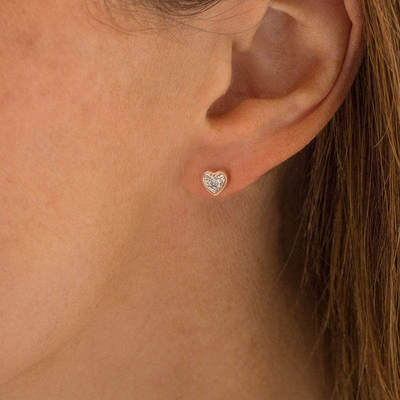 Main Image 2 of 1/8 CT. T.W. Diamond Solitaire Heart-Shaped Stud Earrings in 10K Rose Gold (I/I3)