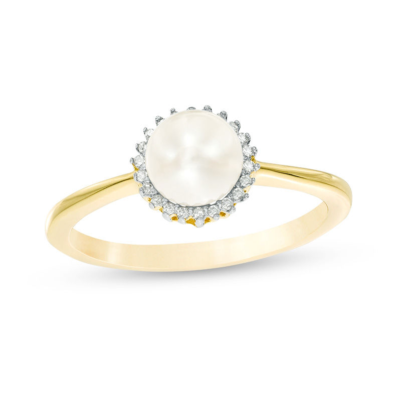 Main Image 1 of 6.0mm Freshwater Cultured Pearl and 1/20 CT. T.W. Diamond Sunburst Frame Ring in 10K Gold