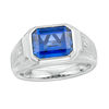 Thumbnail Image 0 of Men's Sideways Emerald-Cut Lab-Created Ceylon and White Sapphire Signet Ring in Sterling Silver