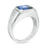 Thumbnail Image 1 of Men's Sideways Emerald-Cut Lab-Created Ceylon and White Sapphire Signet Ring in Sterling Silver