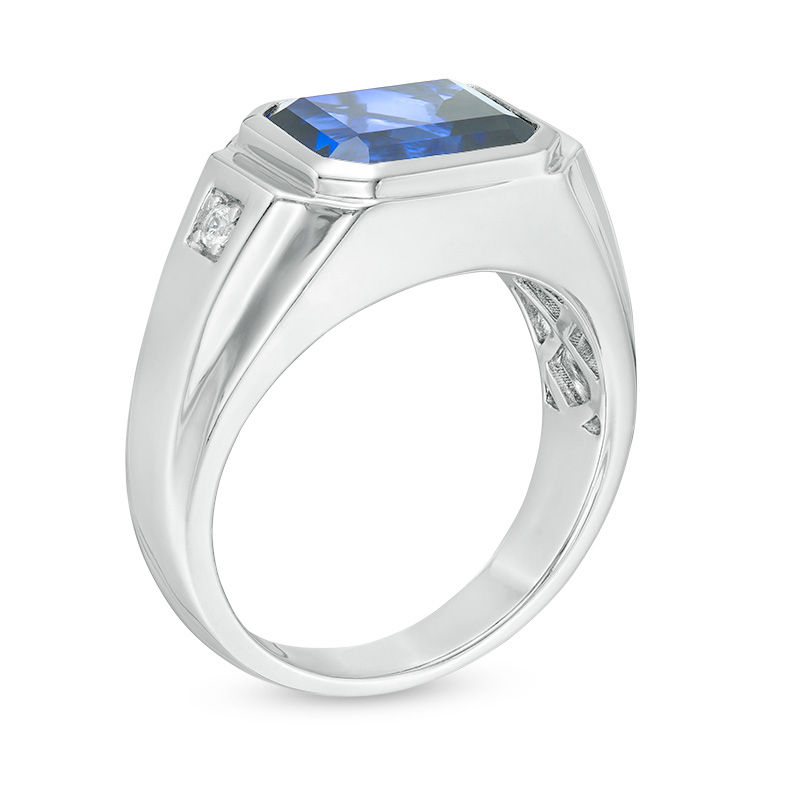 Men's Sideways Emerald-Cut Lab-Created Ceylon and White Sapphire Signet Ring in Sterling Silver