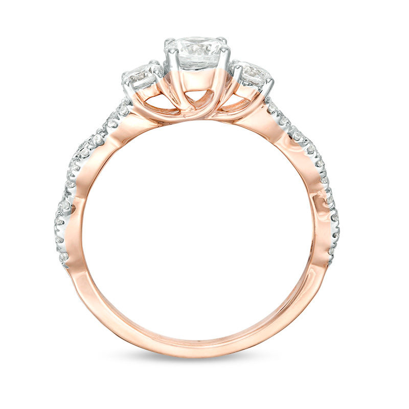 Main Image 5 of 1 CT. T.W. Diamond Three Stone Braid Engagement Ring in 10K Rose Gold