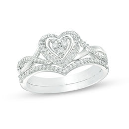 1/5 CT. T.W. Diamond Heart Frame Twist Bridal Set in 10K White Gold