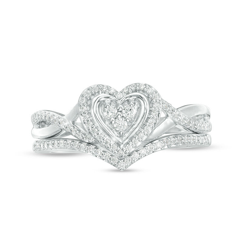 1/5 CT. T.W. Diamond Heart Frame Twist Bridal Set in 10K White Gold