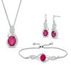 Thumbnail Image 1 of Oval Lab-Created Ruby and White Sapphire Frame Pendant, Bolo Bracelet and Drop Earrings Set in Sterling Silver - 9&quot;