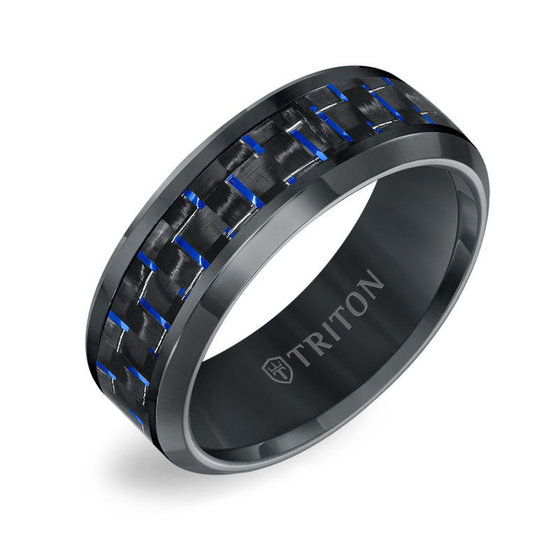 Triton Men's 8.0mm Comfort-Fit Blue Carbon Fiber Wedding Band in Black ...