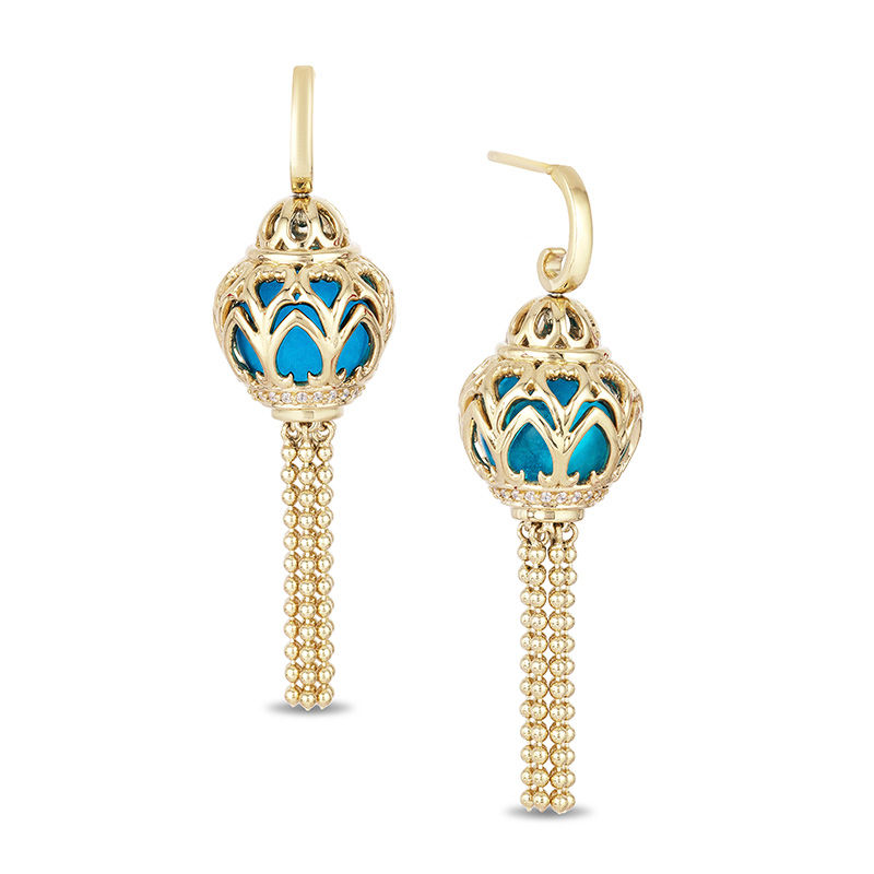 Main Image 1 of Enchanted Disney Jasmine Blue Topaz and 1/10 CT. T.W. Diamond Cage Drop Earrings in 14K Gold