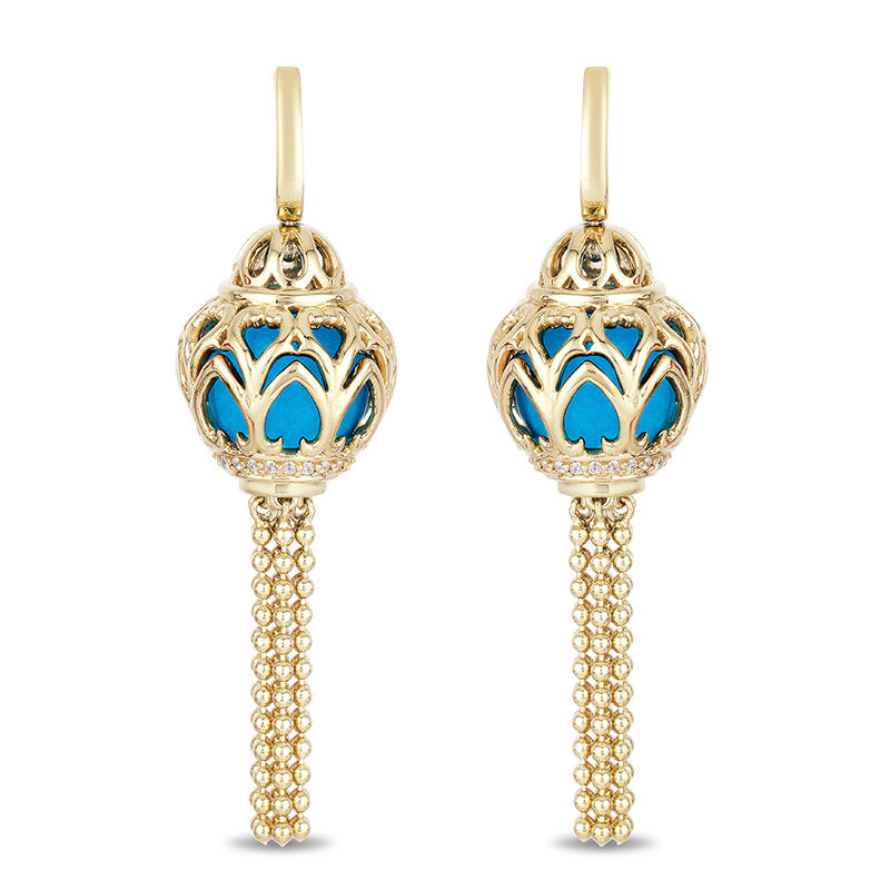 Main Image 2 of Enchanted Disney Jasmine Blue Topaz and 1/10 CT. T.W. Diamond Cage Drop Earrings in 14K Gold