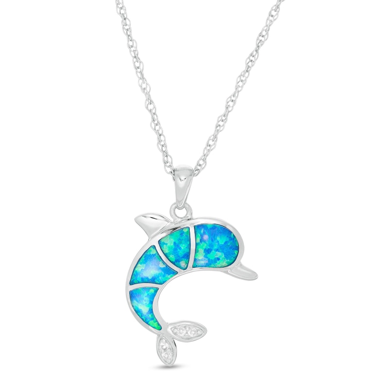 Lab-Created Blue Opal and White Sapphire Dolphin Pendant in Sterling Silver
