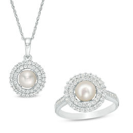 Freshwater Cultured Pearl and Lab-Created White Sapphire Double Frame Pendant and Ring Set in Sterling Silver-Size 7